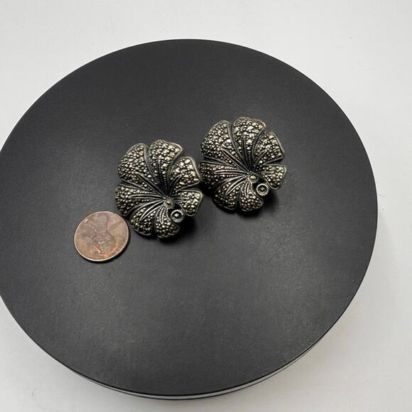 Judith Jack 925 Sterling Marcasite
Lotus Floral Omega Back Pierced 
Earrings - Picture 10 of 11